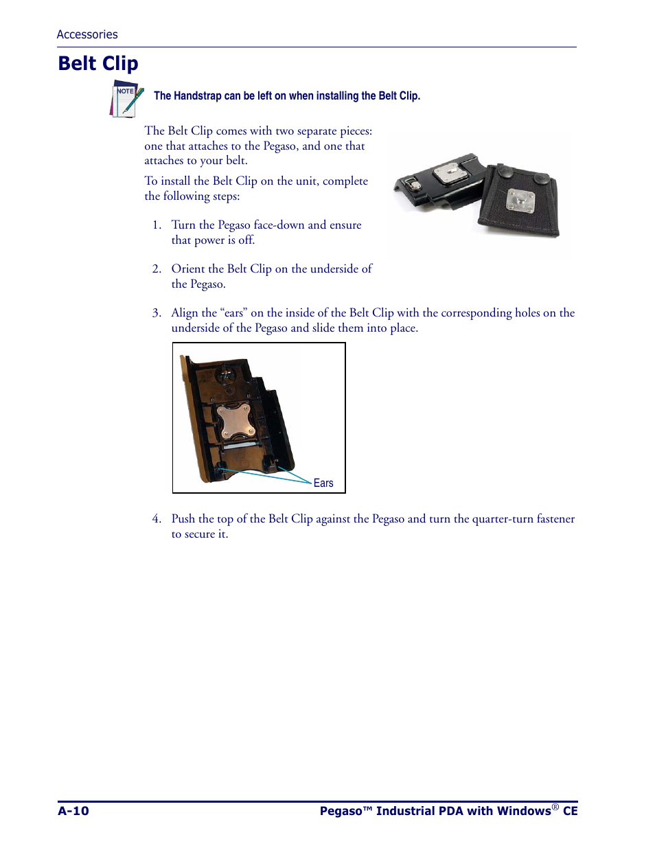 Belt clip, A-10 | Datalogic Scanning Pegaso User Manual | Page 82 / 172