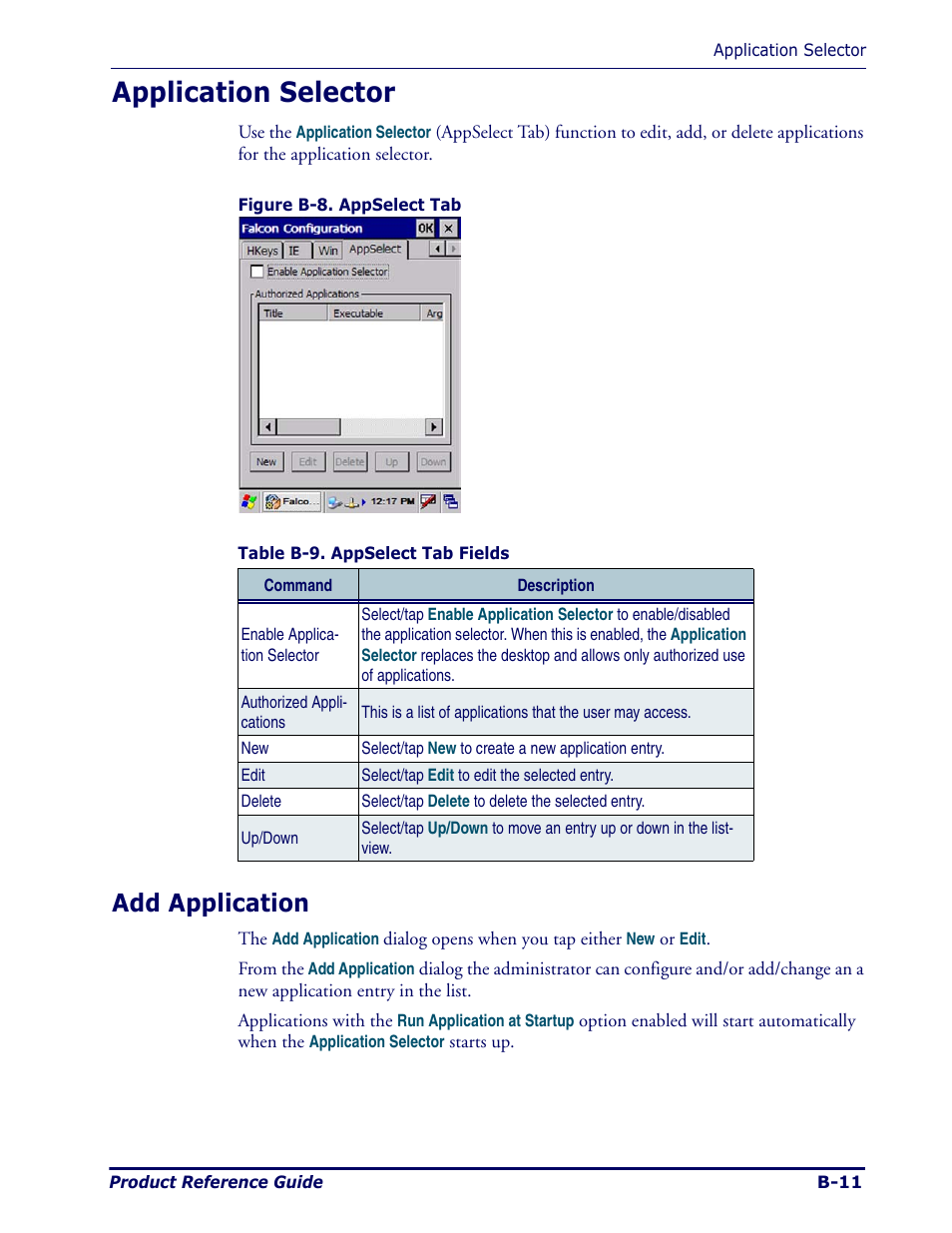 Application selector, Add application, B-11 | Datalogic Scanning Pegaso User Manual | Page 95 / 172