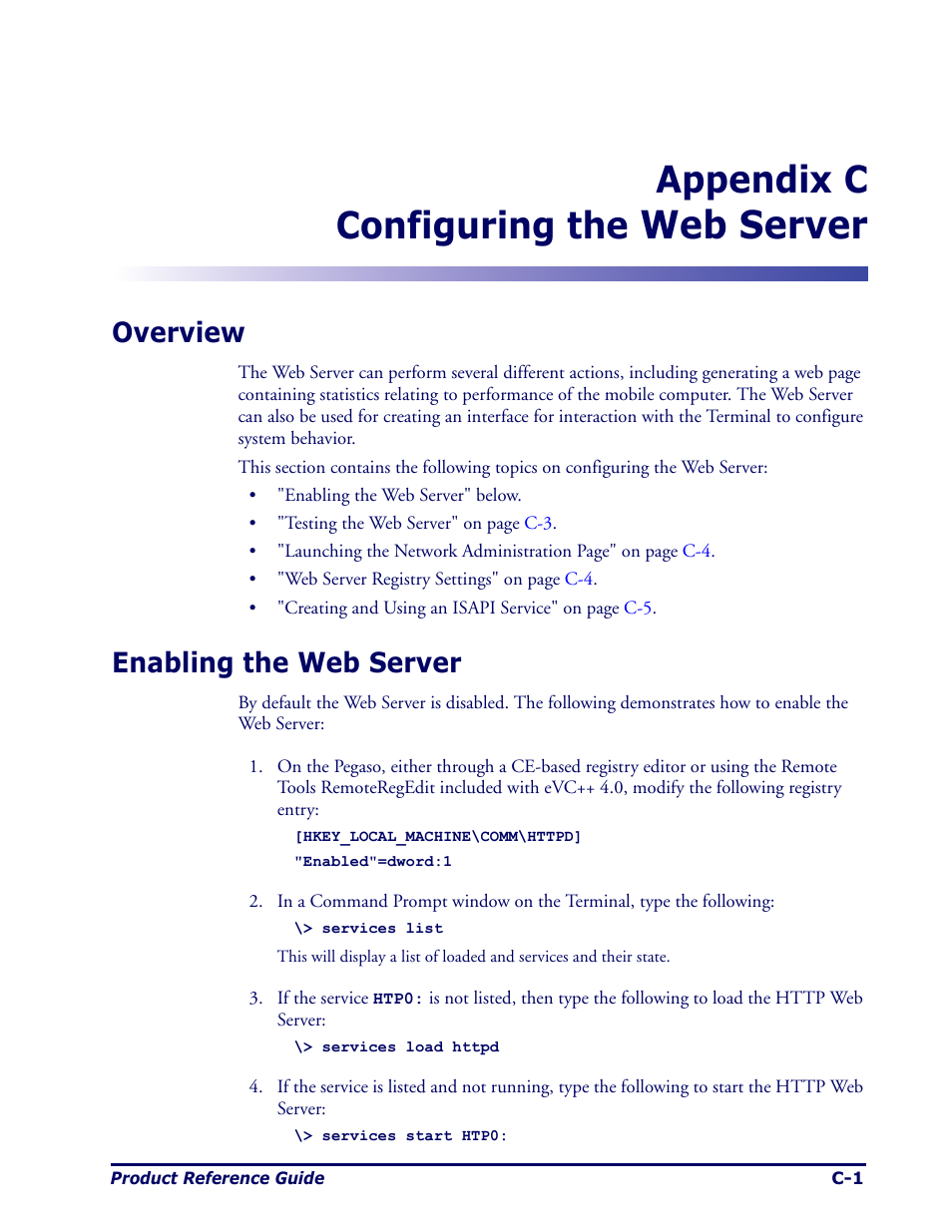 Configuring the web server, Overview, Enabling the web server | Appendix, Web server, Appendix c configuring the | Datalogic Scanning Pegaso User Manual | Page 99 / 172