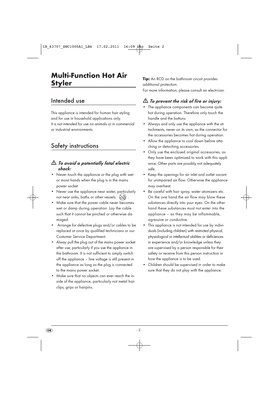 Multi-function hot air styler, Intended use, Safety instructions | Silvercrest SWC 1000 A1 User Manual | Page 4 / 8
