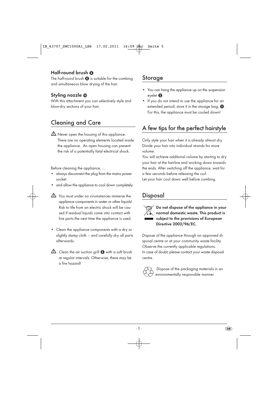 Cleaning and care, Storage, A few tips for the perfect hairstyle | Disposal | Silvercrest SWC 1000 A1 User Manual | Page 7 / 8