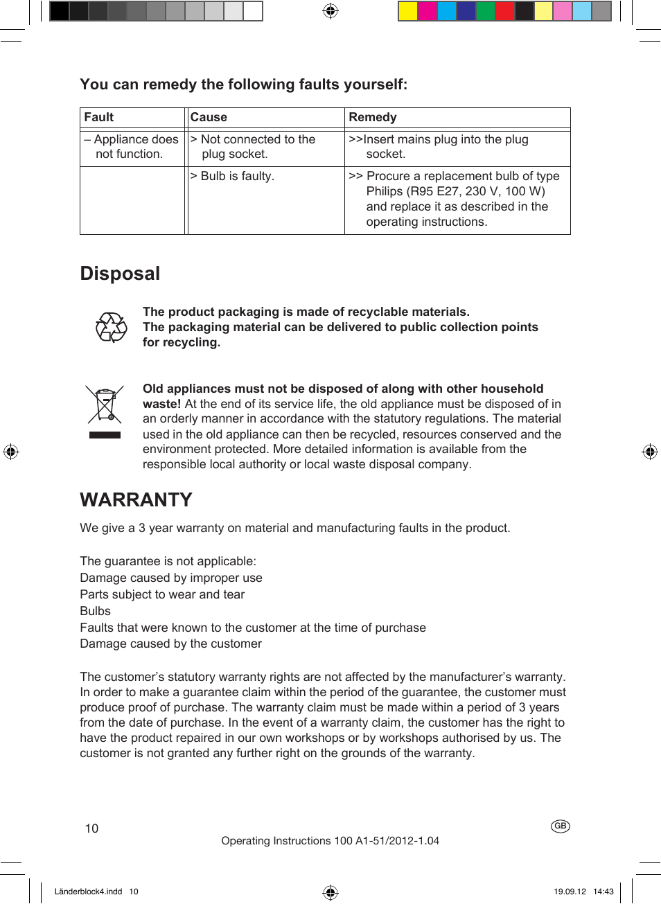 Disposal warranty, You can remedy the following faults yourself | Silvercrest SRL 100 A1 User Manual | Page 10 / 72