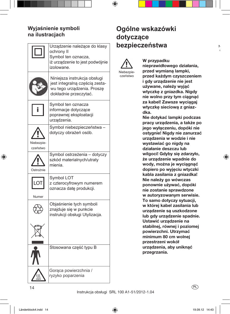 Ogólne wskazówki dotyczące bezpieczeństwa, Erläuterung der bildzeichen, Wyjaśnienie symboli na ilustracjach | Silvercrest SRL 100 A1 User Manual | Page 14 / 72