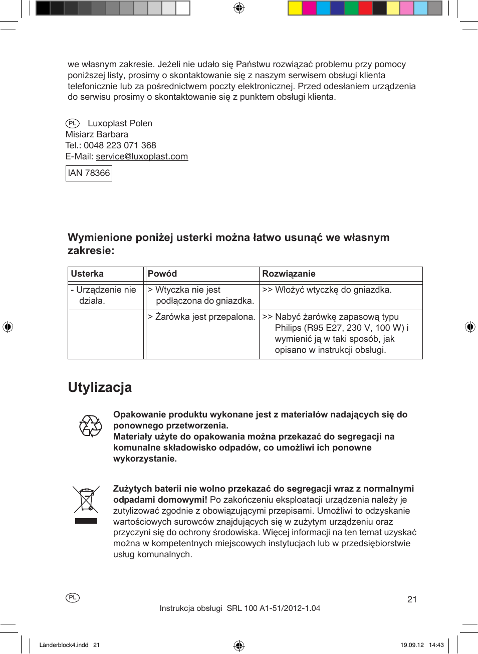Żywotność lampy, Usuwanie możliwych usterek, Utylizacja | Silvercrest SRL 100 A1 User Manual | Page 21 / 72