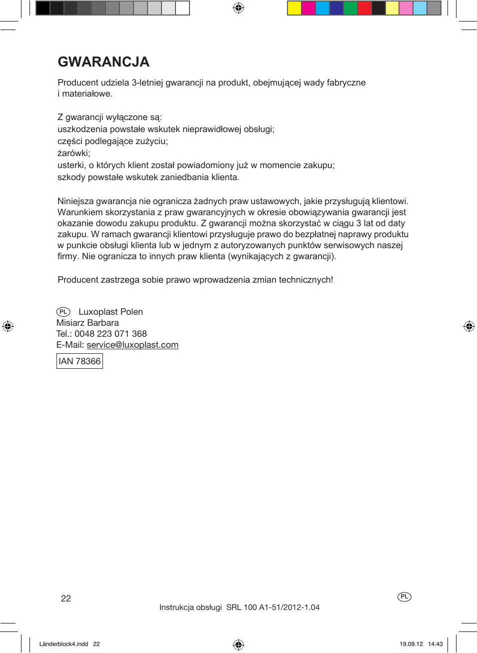 Gwarancja | Silvercrest SRL 100 A1 User Manual | Page 22 / 72