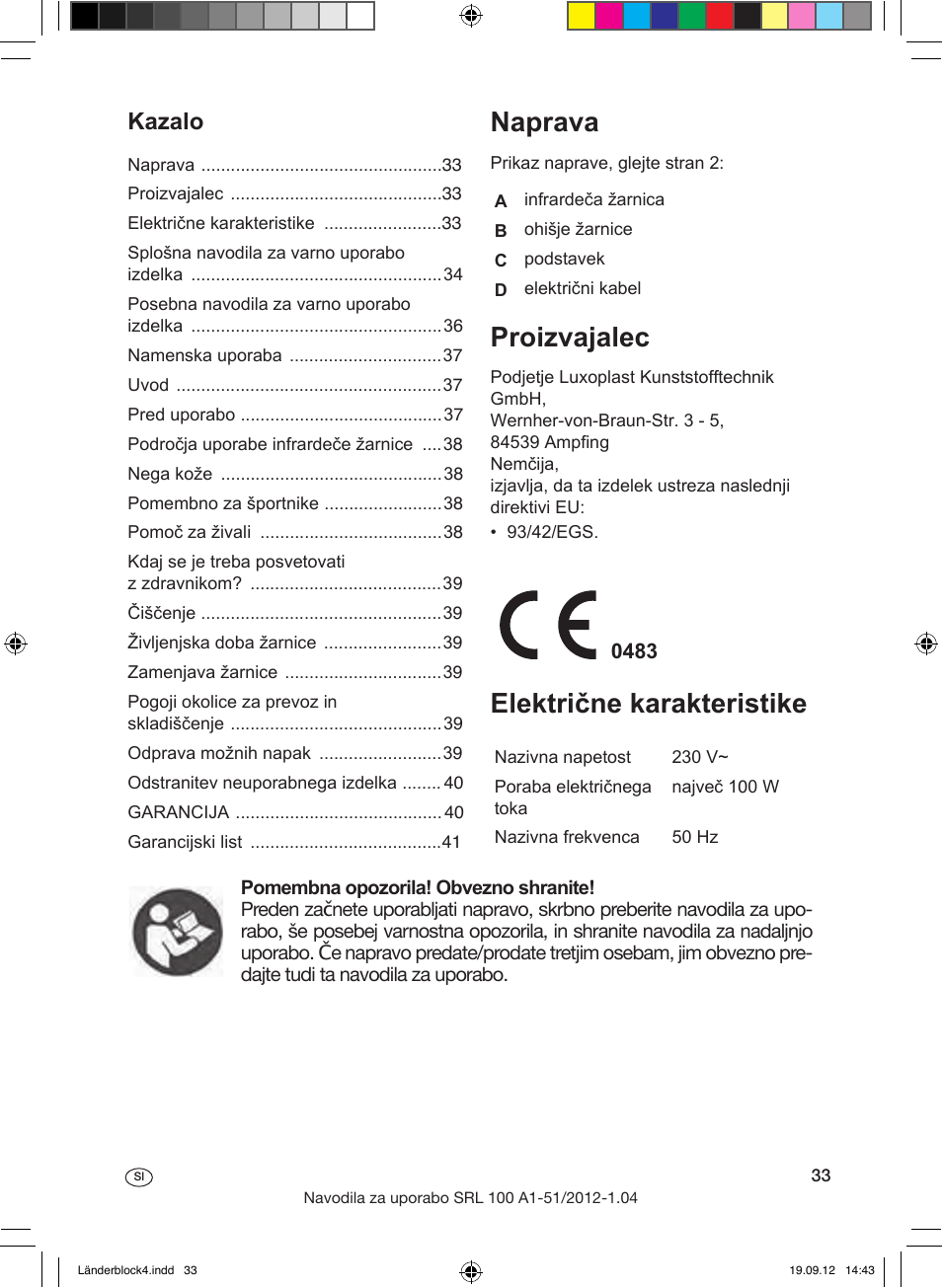 Naprava, Proizvajalec, Električne karakteristike | Kazalo | Silvercrest SRL 100 A1 User Manual | Page 33 / 72