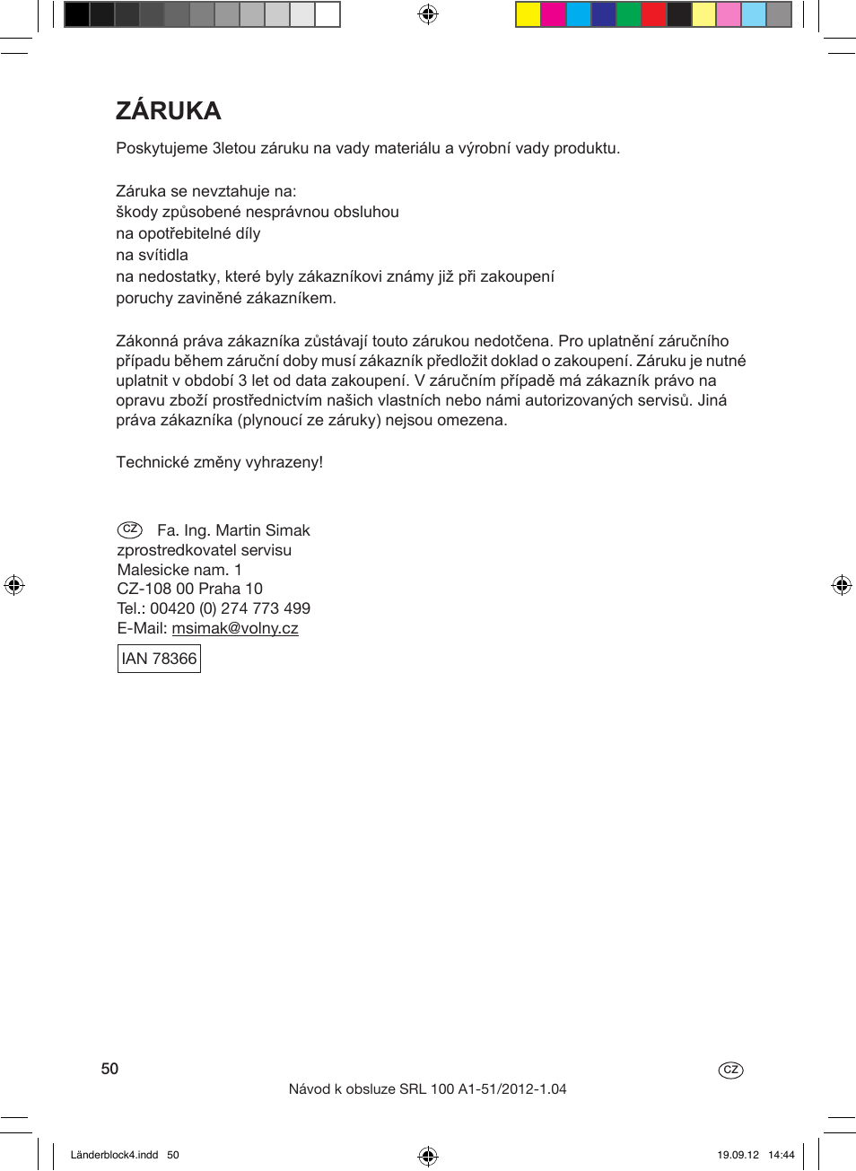 Záruka | Silvercrest SRL 100 A1 User Manual | Page 50 / 72