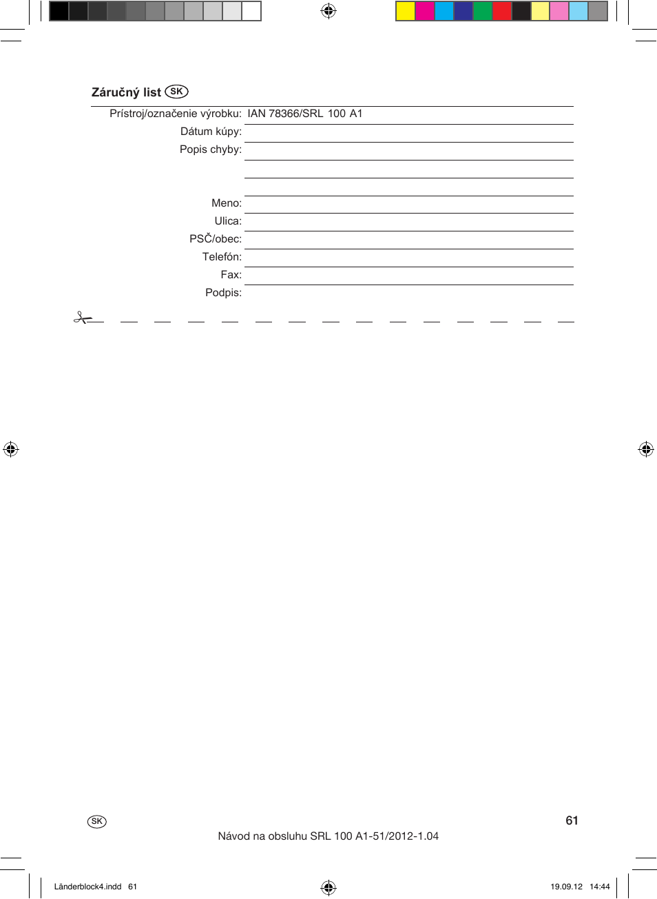 Záruka | Silvercrest SRL 100 A1 User Manual | Page 61 / 72