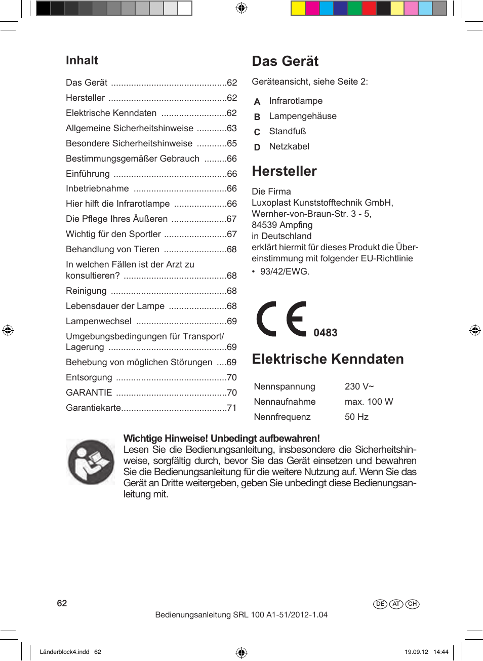 Das gerät, Hersteller, Elektrische kenndaten | Allgemeine sicherheitshinweise, Inhalt, Erläuterung der bildzeichen | Silvercrest SRL 100 A1 User Manual | Page 62 / 72