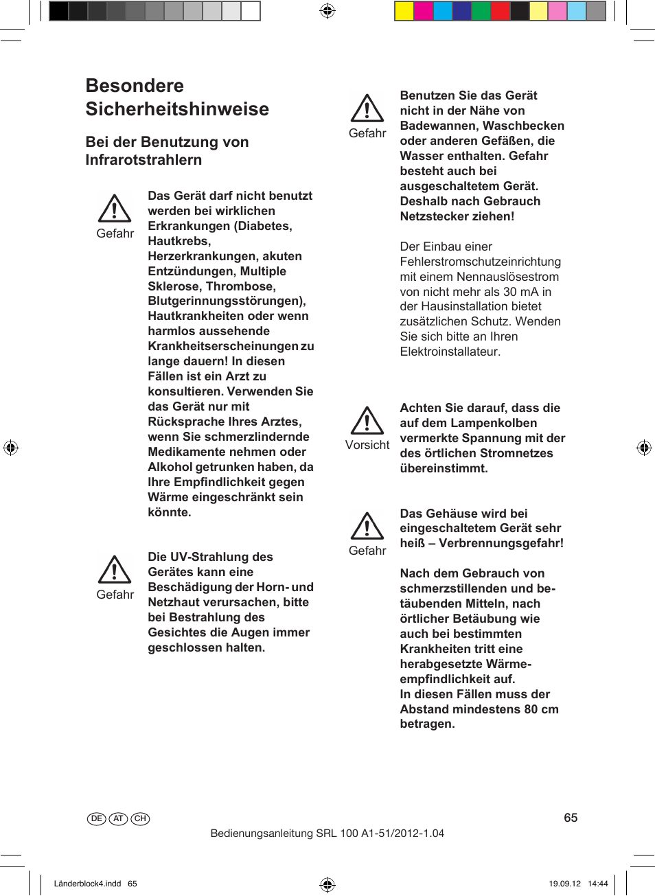 Besondere sicherheitshinweise, Bei der benutzung von infrarotstrahlern | Silvercrest SRL 100 A1 User Manual | Page 65 / 72