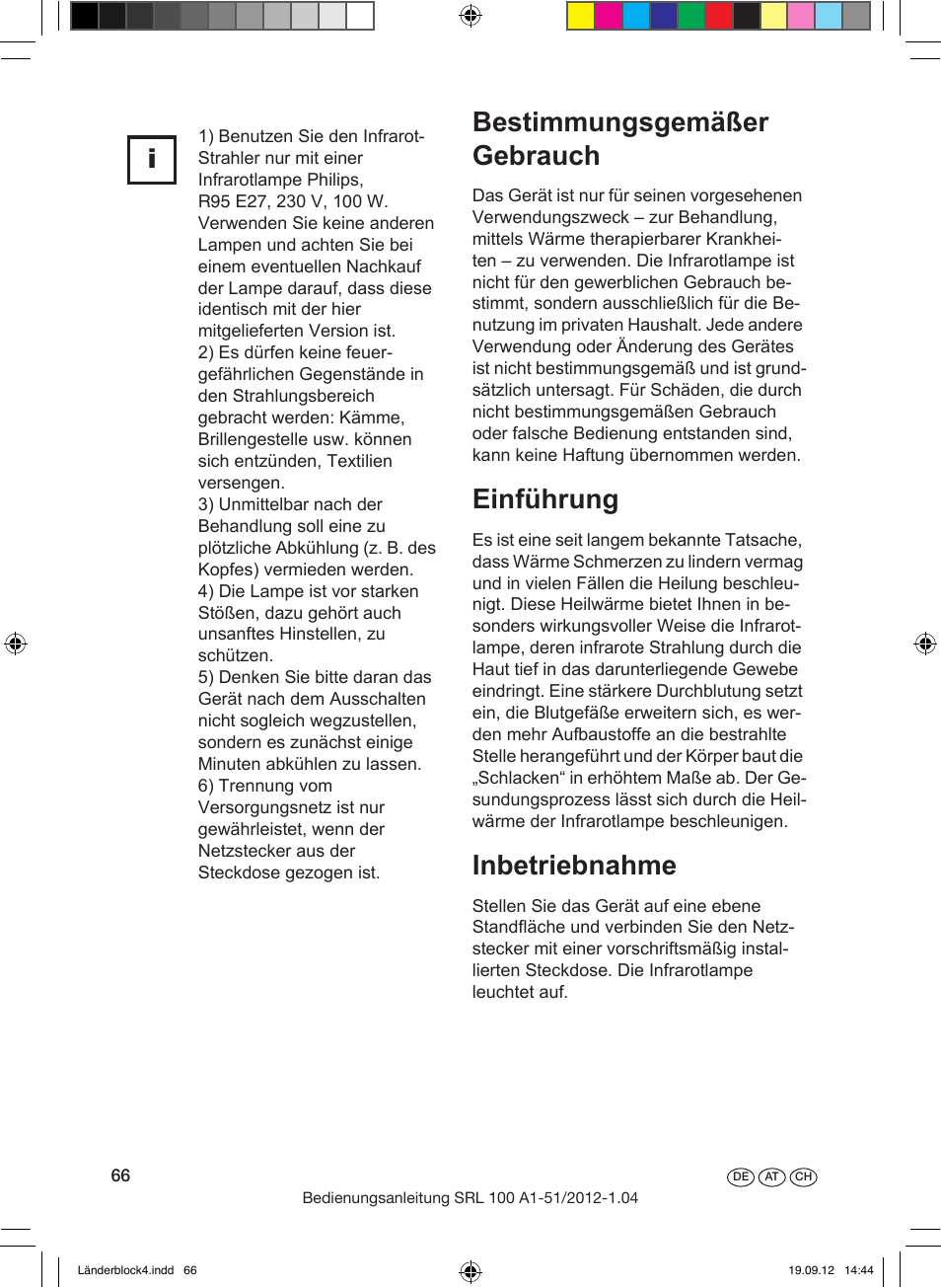 Bestimmungsgemäßer gebrauch, Einführung, Inbetriebnahme | Hier hilft die infrarotlampe, Die pflege ihres äußeren | Silvercrest SRL 100 A1 User Manual | Page 66 / 72