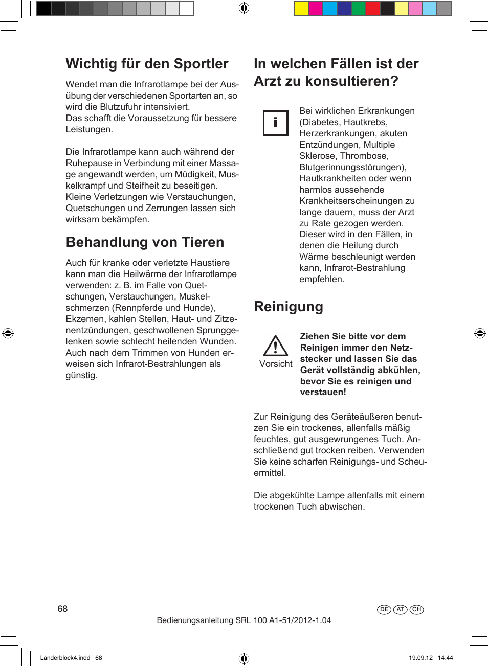 Wichtig für den sportler, Behandlung von tieren, Lebensdauer der lampe | Behebung von möglichen störungen, Folgende fehler können sie selbst beheben | Silvercrest SRL 100 A1 User Manual | Page 68 / 72