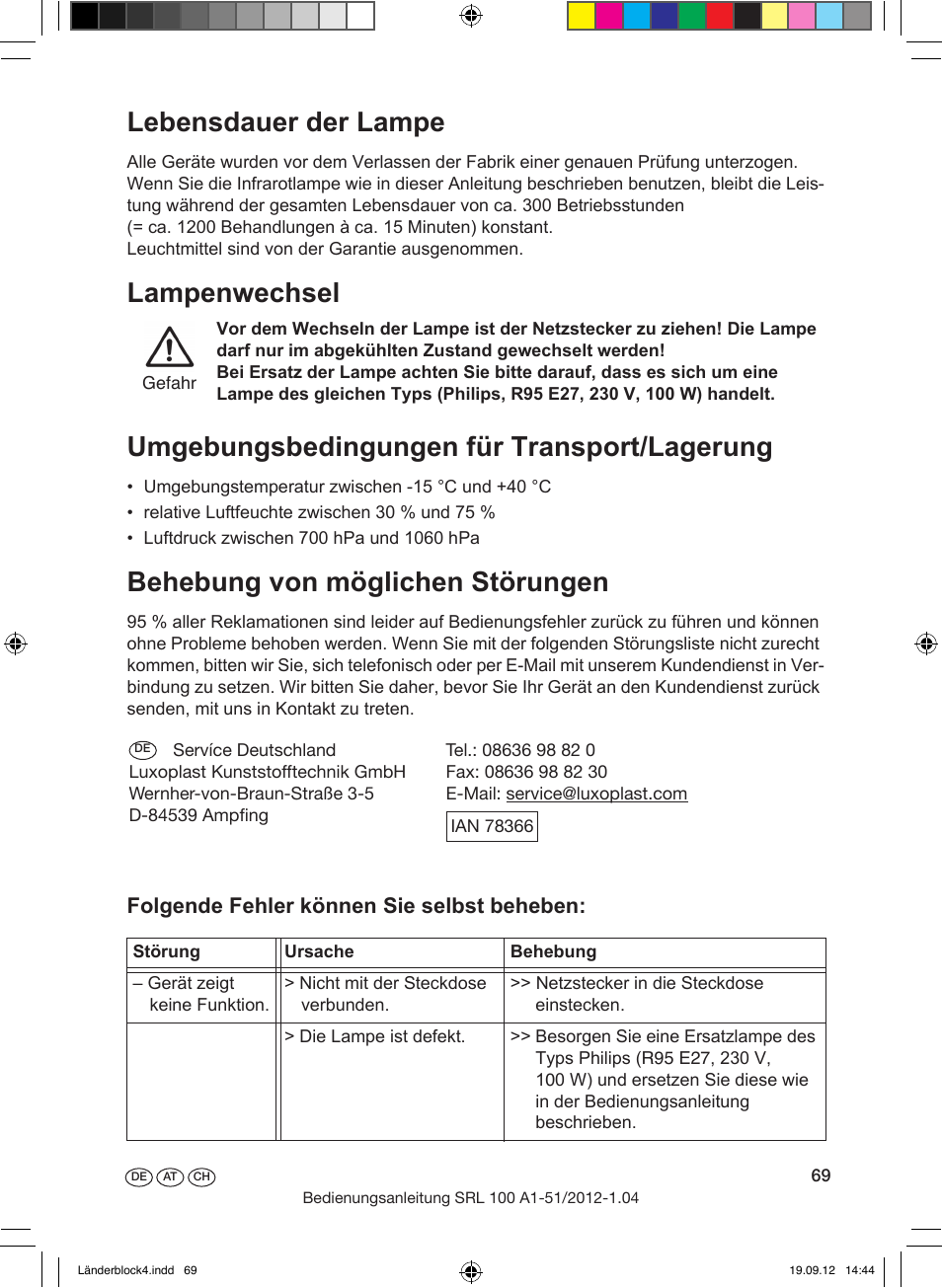 Wichtig für den sportler, Behandlung von tieren, Lebensdauer der lampe | Behebung von möglichen störungen, Folgende fehler können sie selbst beheben | Silvercrest SRL 100 A1 User Manual | Page 69 / 72