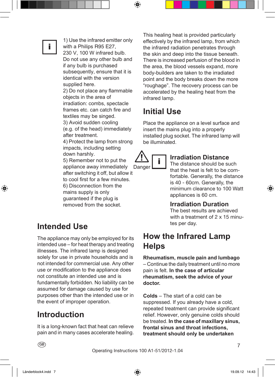 Special safety precautions, Intended use, Introduction | Initial use, How the infrared lamp helps, Irradiation duration, Irradiation distance, When using infrared emitters | Silvercrest SRL 100 A1 User Manual | Page 7 / 72