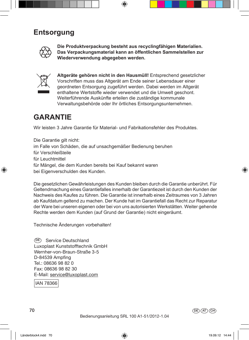Entsorgung garantie | Silvercrest SRL 100 A1 User Manual | Page 70 / 72