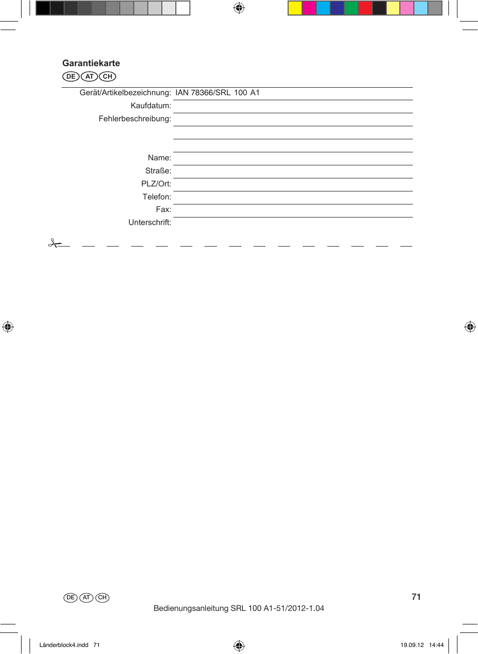 Entsorgung garantie | Silvercrest SRL 100 A1 User Manual | Page 71 / 72