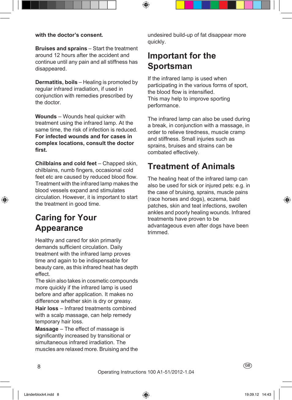 Caring for your appearance, Important for the sportsman, Treatment of animals | When should i seek medical advice? cleaning, Lamp durability, Repairing possible faults | Silvercrest SRL 100 A1 User Manual | Page 8 / 72