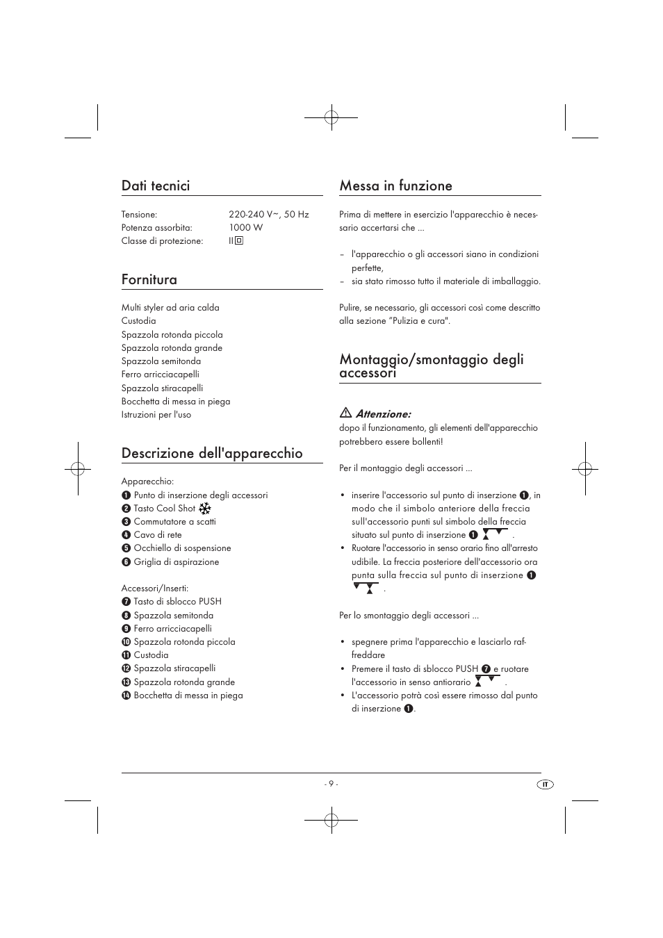 Dati tecnici, Fornitura, Descrizione dell'apparecchio | Messa in funzione, Montaggio/smontaggio degli accessori, Attenzione | Silvercrest SWC 1000 A1 User Manual | Page 11 / 32