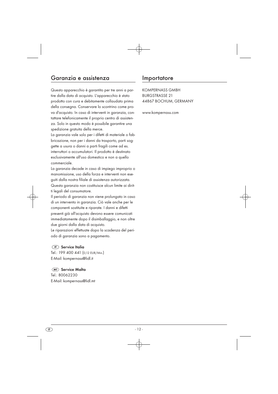 Garanzia e assistenza, Importatore | Silvercrest SWC 1000 A1 User Manual | Page 14 / 32