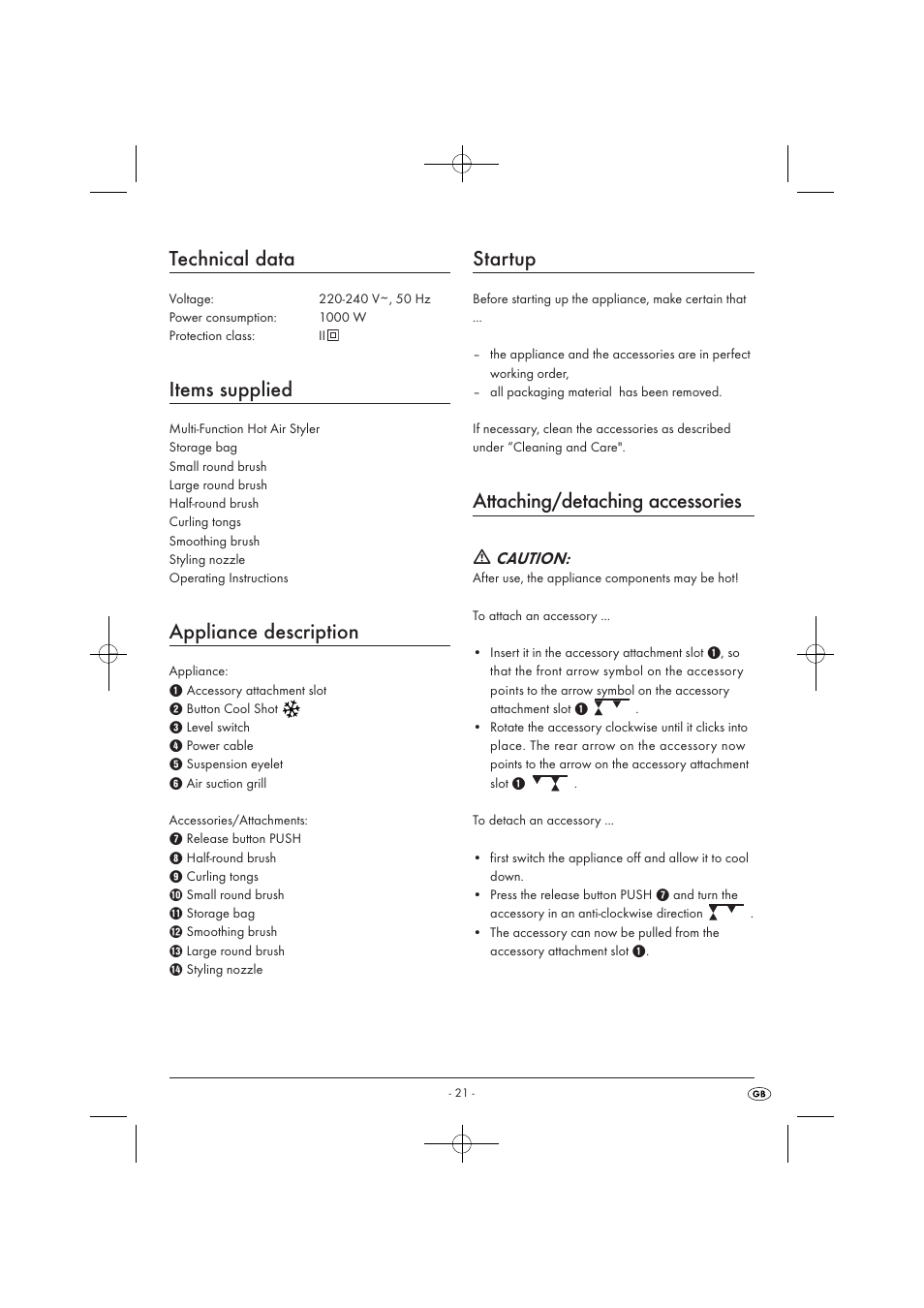 Technical data, Items supplied, Appliance description | Startup, Attaching/detaching accessories, Caution | Silvercrest SWC 1000 A1 User Manual | Page 23 / 32