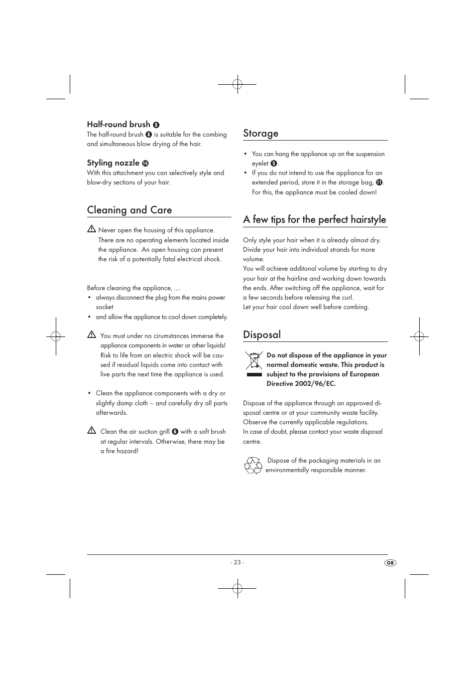 Cleaning and care, Storage, A few tips for the perfect hairstyle | Disposal | Silvercrest SWC 1000 A1 User Manual | Page 25 / 32