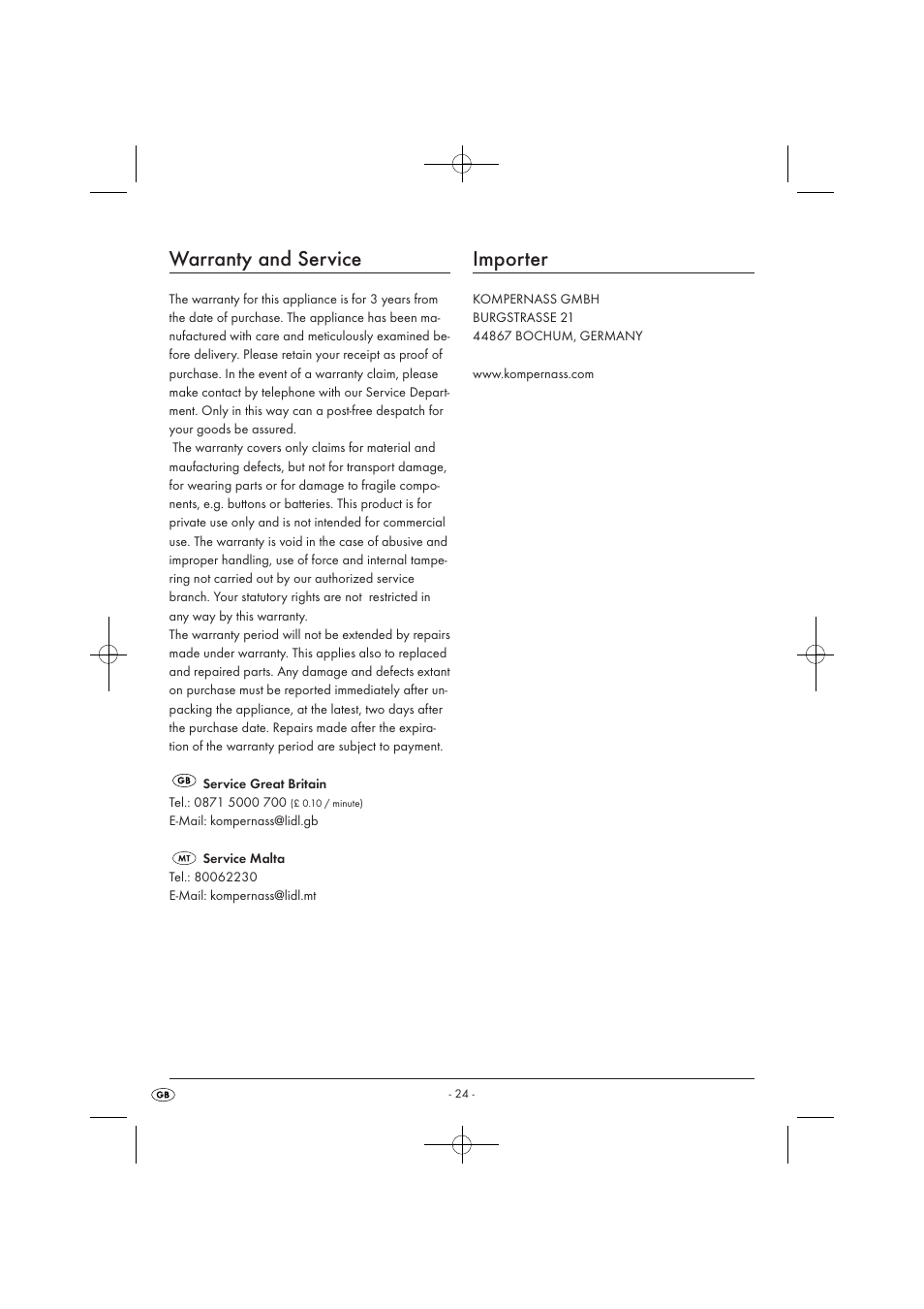 Warranty and service, Importer | Silvercrest SWC 1000 A1 User Manual | Page 26 / 32