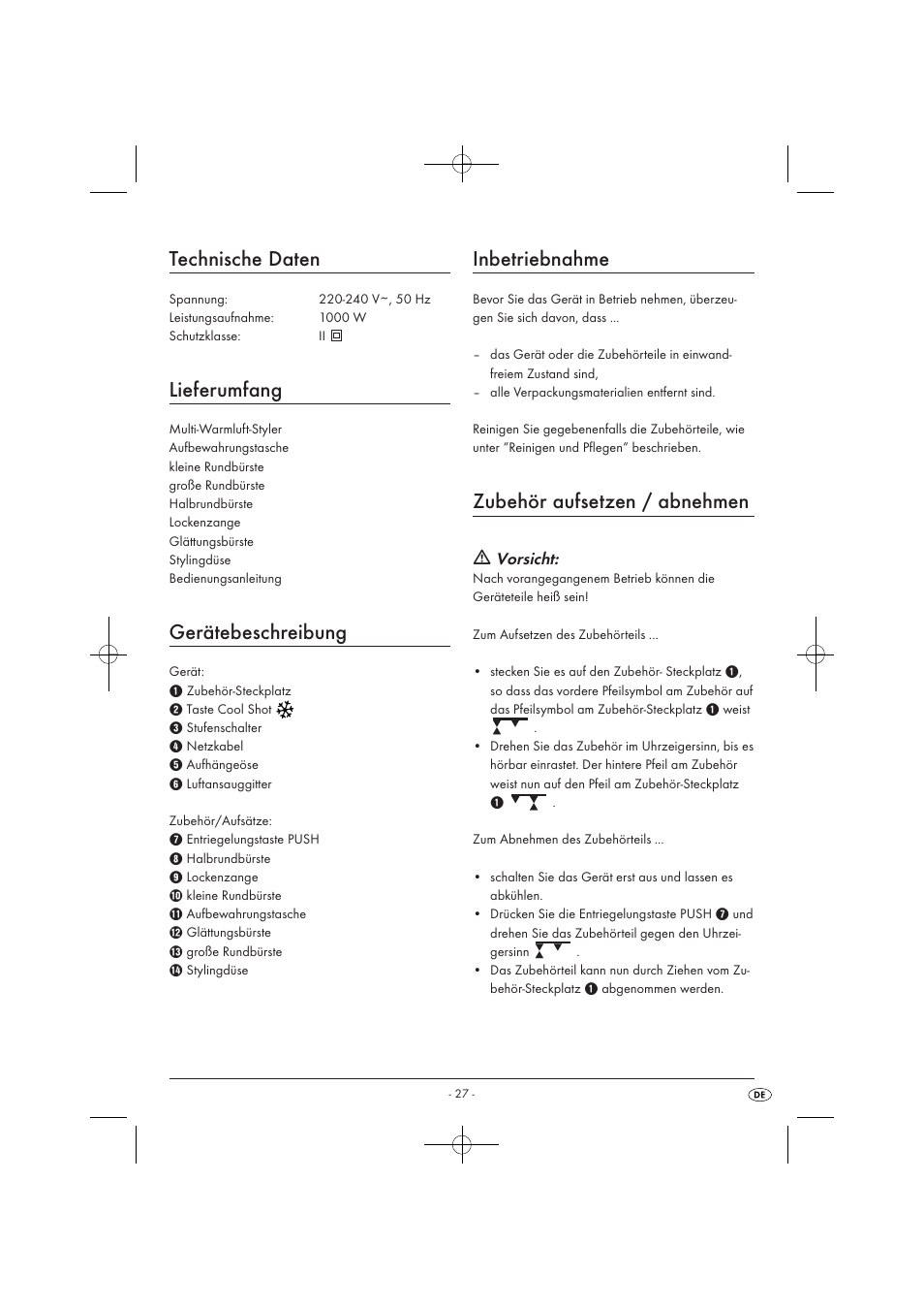 Technische daten, Lieferumfang, Gerätebeschreibung | Inbetriebnahme, Zubehör aufsetzen / abnehmen, Vorsicht | Silvercrest SWC 1000 A1 User Manual | Page 29 / 32