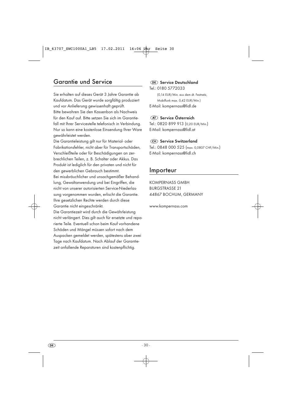 Garantie und service, Importeur | Silvercrest SWC 1000 A1 User Manual | Page 32 / 32