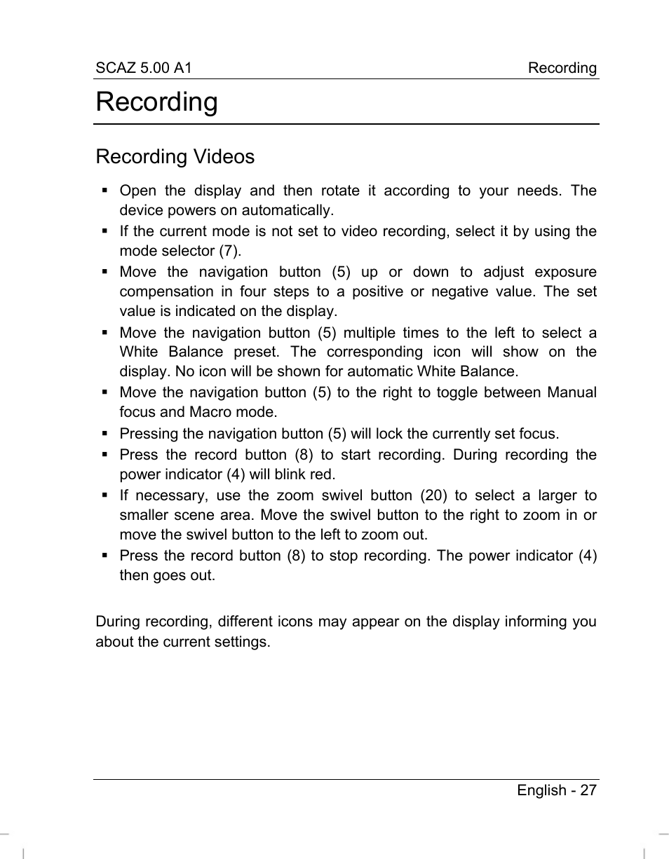 Recording, Recording videos | Silvercrest SCAZ 5.00 A1 User Manual | Page 29 / 155