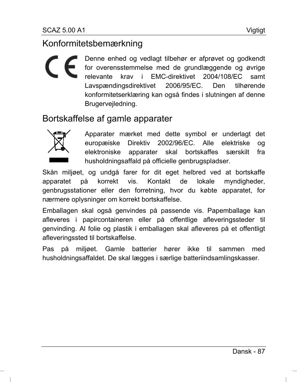 Konformitetsbemærkning, Bortskaffelse af gamle apparater | Silvercrest SCAZ 5.00 A1 User Manual | Page 89 / 155