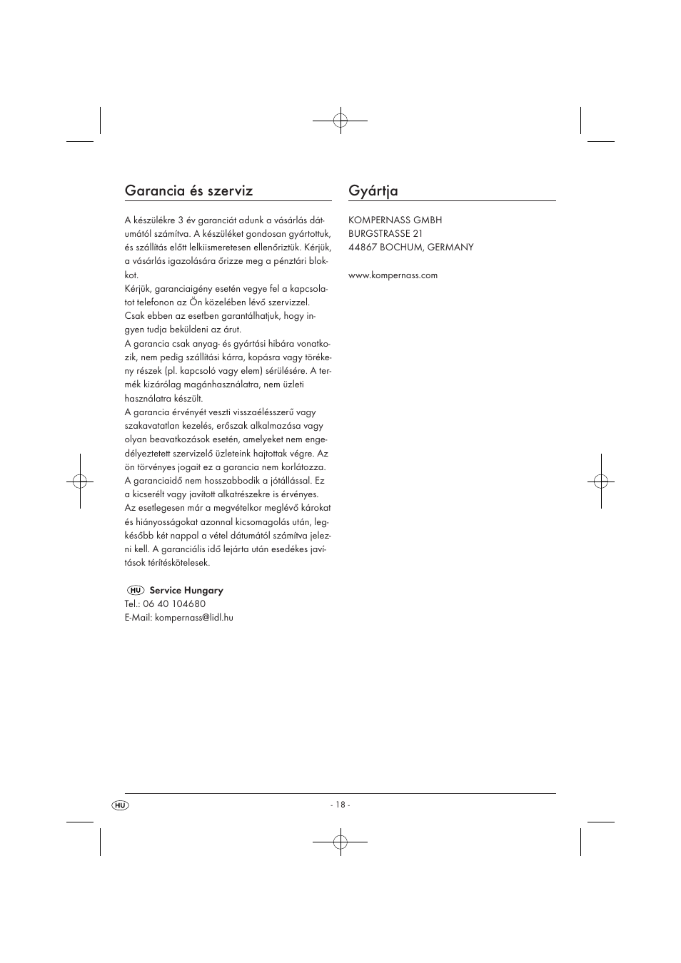 Garancia és szerviz, Gyártja | Silvercrest SWC 1000 A1 User Manual | Page 20 / 44