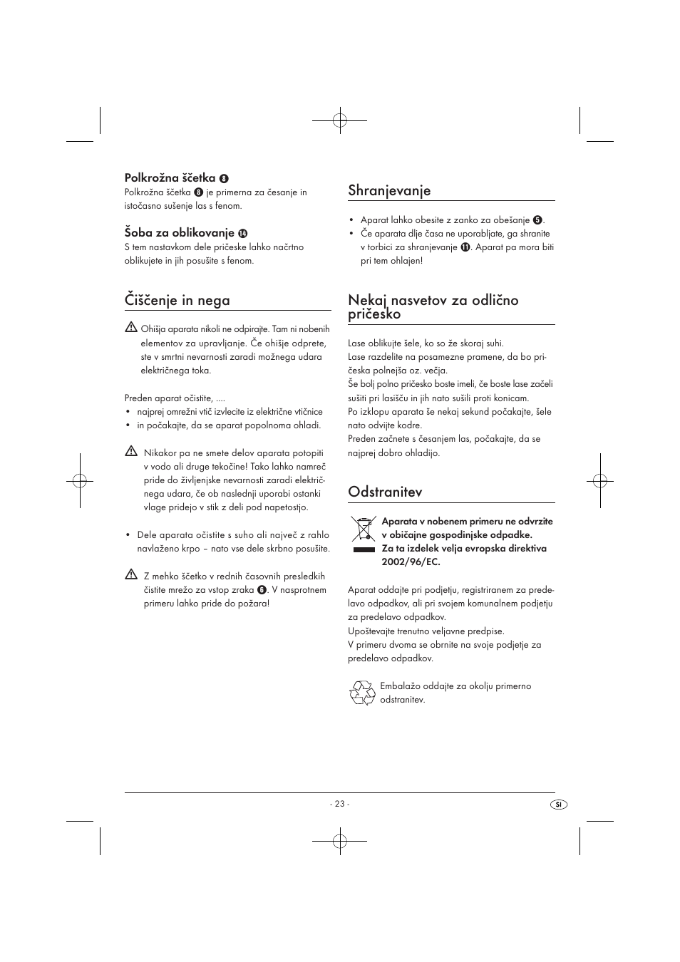 Čiščenje in nega, Shranjevanje, Nekaj nasvetov za odlično pričesko | Odstranitev | Silvercrest SWC 1000 A1 User Manual | Page 25 / 44