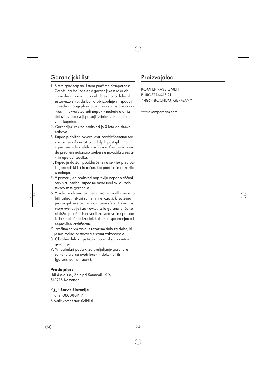 Garancijski list, Proizvajalec | Silvercrest SWC 1000 A1 User Manual | Page 26 / 44
