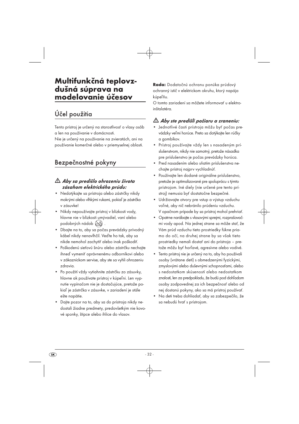 Účel použitia, Bezpečnostné pokyny, Aby ste predišli požiaru a zraneniu | Silvercrest SWC 1000 A1 User Manual | Page 34 / 44