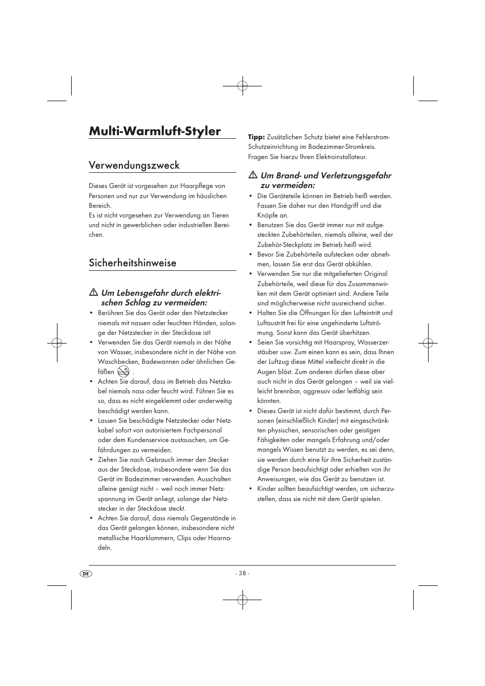 Multi-warmluft-styler, Verwendungszweck, Sicherheitshinweise | Um brand- und verletzungsgefahr zu vermeiden | Silvercrest SWC 1000 A1 User Manual | Page 40 / 44