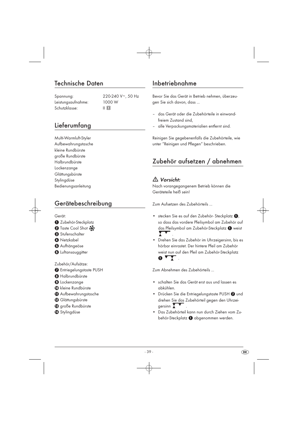 Technische daten, Lieferumfang, Gerätebeschreibung | Inbetriebnahme, Zubehör aufsetzen / abnehmen, Vorsicht | Silvercrest SWC 1000 A1 User Manual | Page 41 / 44