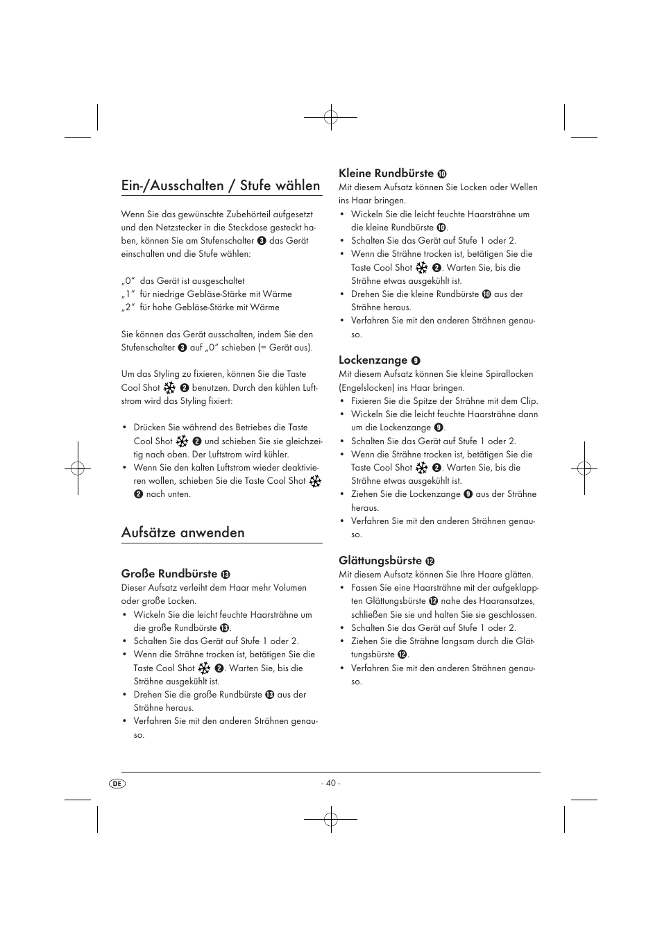 Ein-/ausschalten / stufe wählen, Aufsätze anwenden, Große rundbürste | Kleine rundbürste, Lockenzange, Glättungsbürste | Silvercrest SWC 1000 A1 User Manual | Page 42 / 44