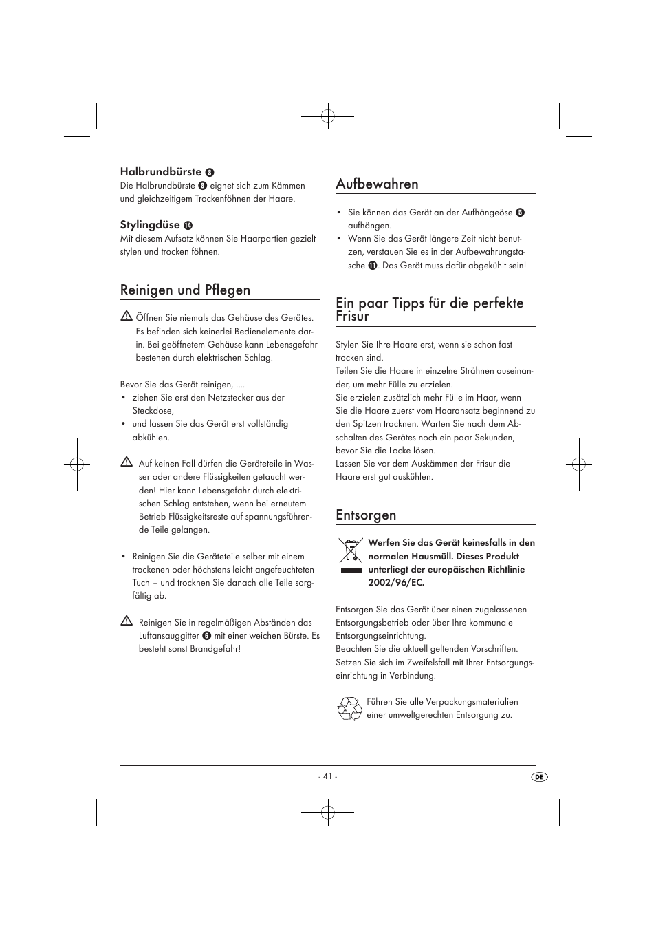 Reinigen und pflegen, Aufbewahren, Ein paar tipps für die perfekte frisur | Entsorgen | Silvercrest SWC 1000 A1 User Manual | Page 43 / 44