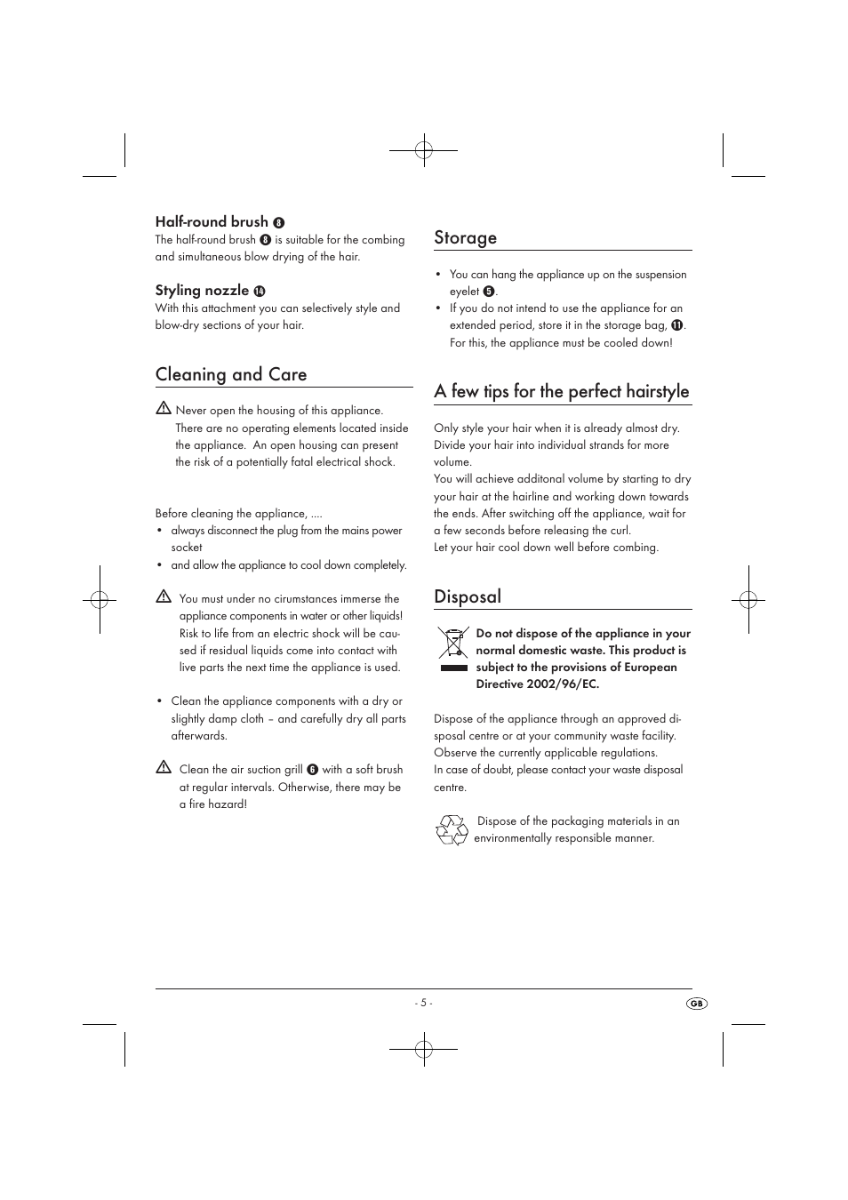 Cleaning and care, Storage, A few tips for the perfect hairstyle | Disposal | Silvercrest SWC 1000 A1 User Manual | Page 7 / 44