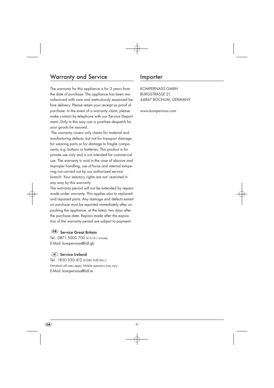 Warranty and service, Importer | Silvercrest SWC 1000 A1 User Manual | Page 8 / 44