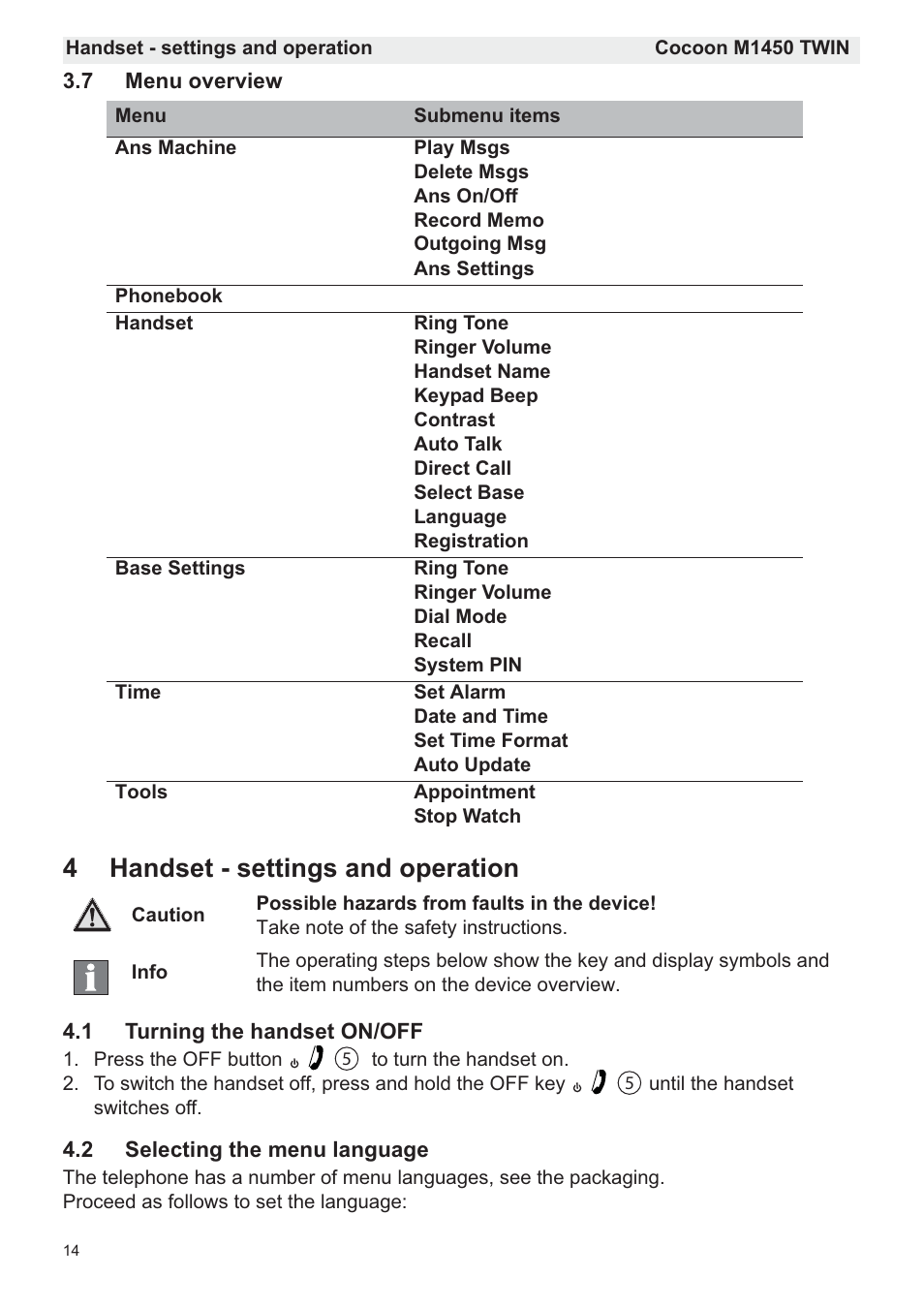 4handset - settings and operation | Silvercrest COCOON M1450 TWIN User Manual | Page 16 / 49