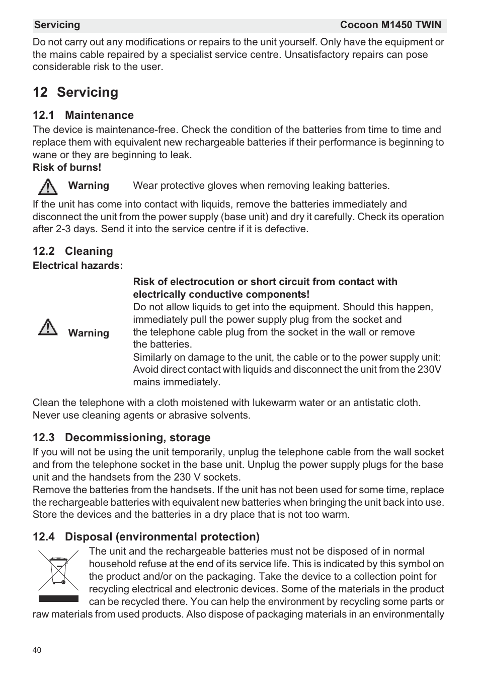 12 servicing | Silvercrest COCOON M1450 TWIN User Manual | Page 42 / 49