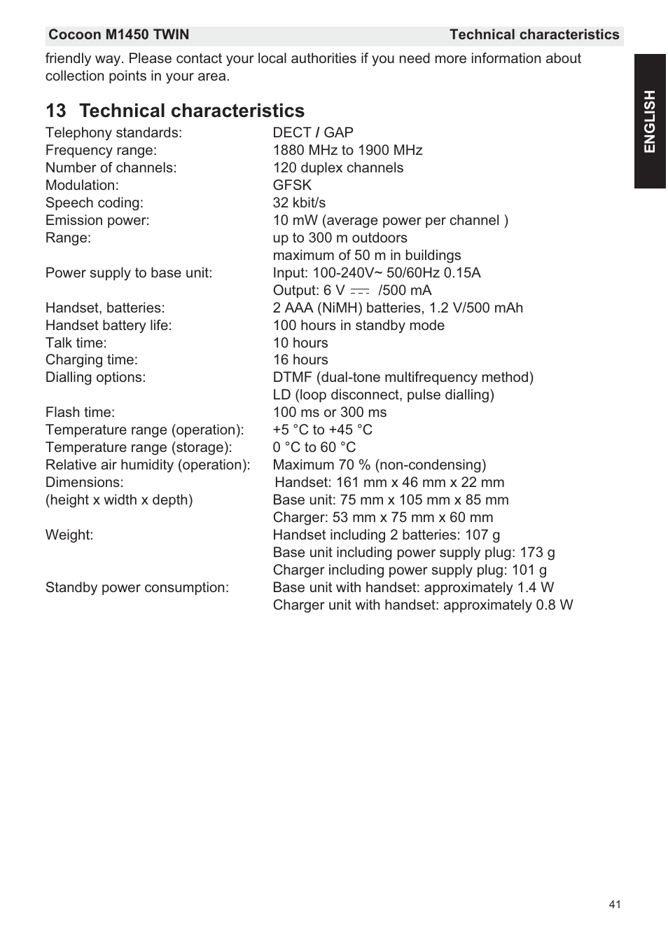 13 technical characteristics | Silvercrest COCOON M1450 TWIN User Manual | Page 43 / 49