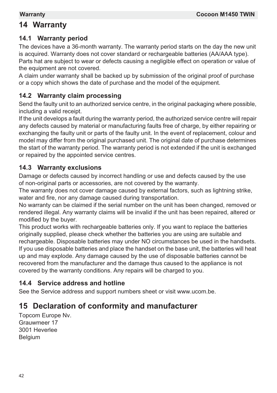 14 warranty, 15 declaration of conformity and manufacturer | Silvercrest COCOON M1450 TWIN User Manual | Page 44 / 49