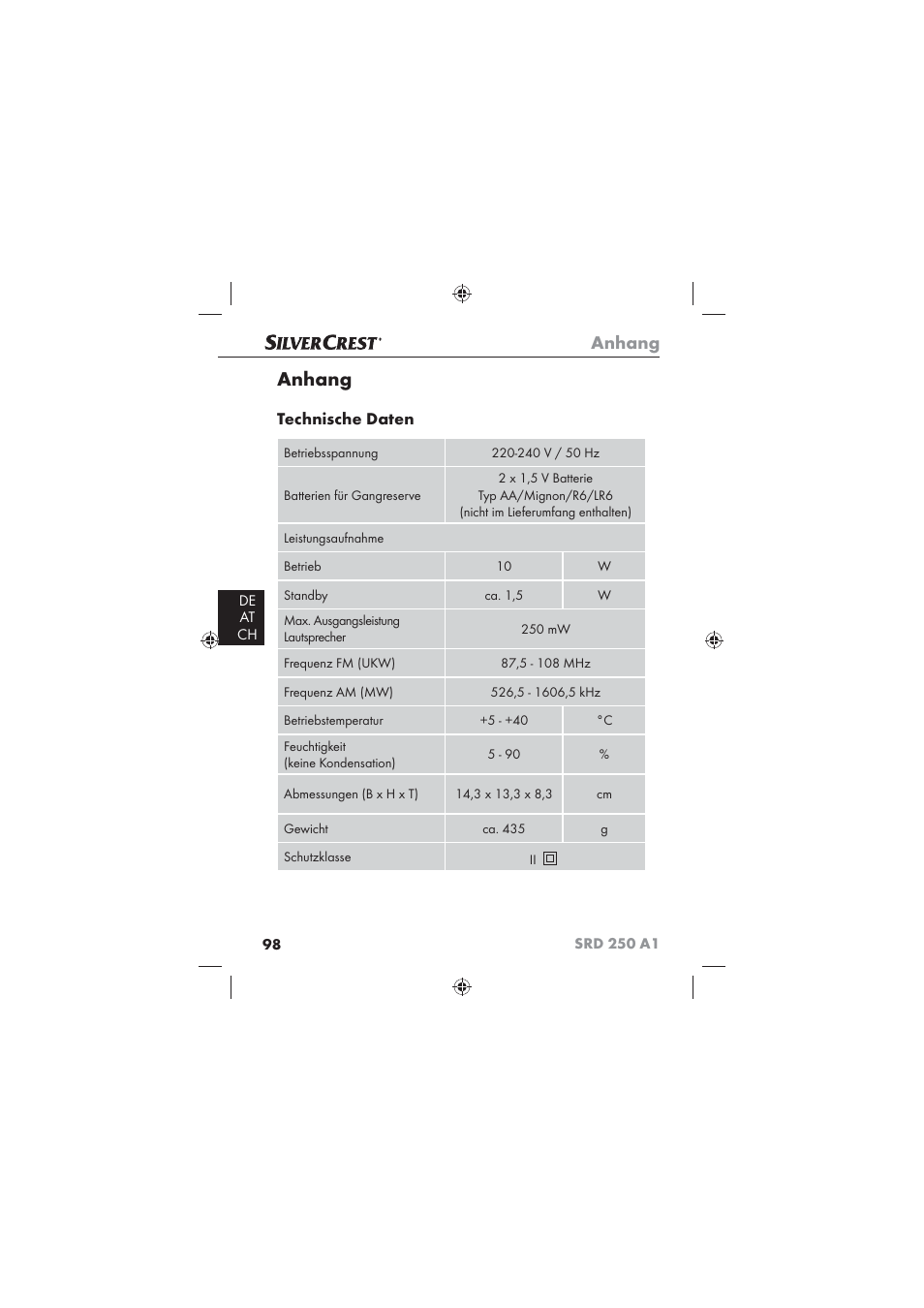 Anhang, Technische daten | Silvercrest SRD 250 A1 User Manual | Page 100 / 102