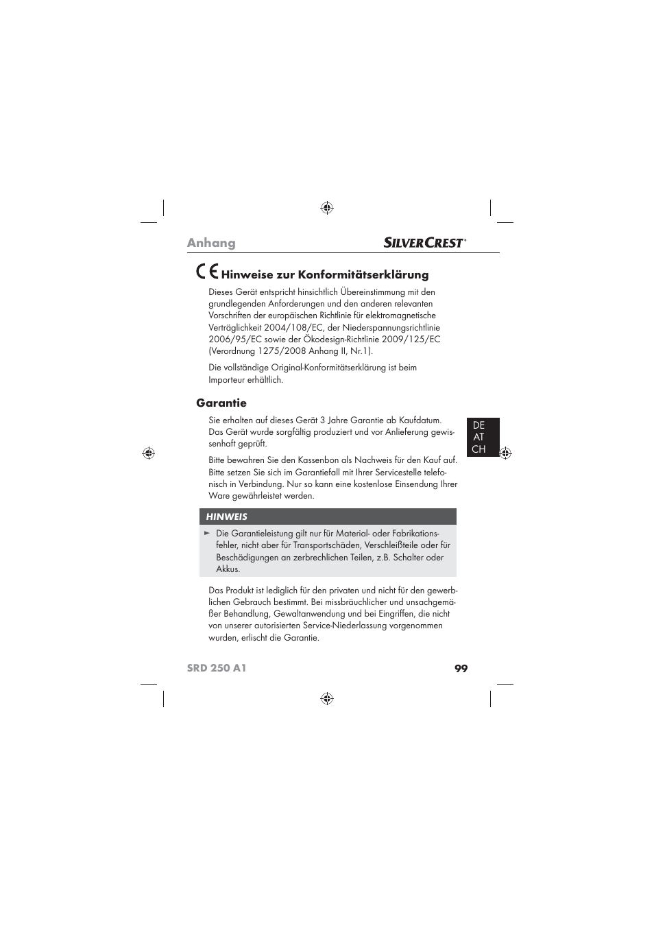 Anhang, Hinweise zur konformitätserklärung, Garantie | Silvercrest SRD 250 A1 User Manual | Page 101 / 102