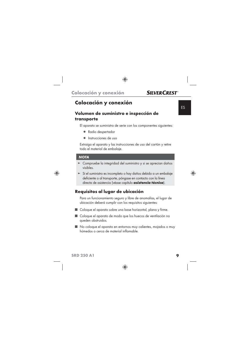 Colocación y conexión, Volumen de suministro e inspección de transporte, Requisitos al lugar de ubicación | Silvercrest SRD 250 A1 User Manual | Page 11 / 102