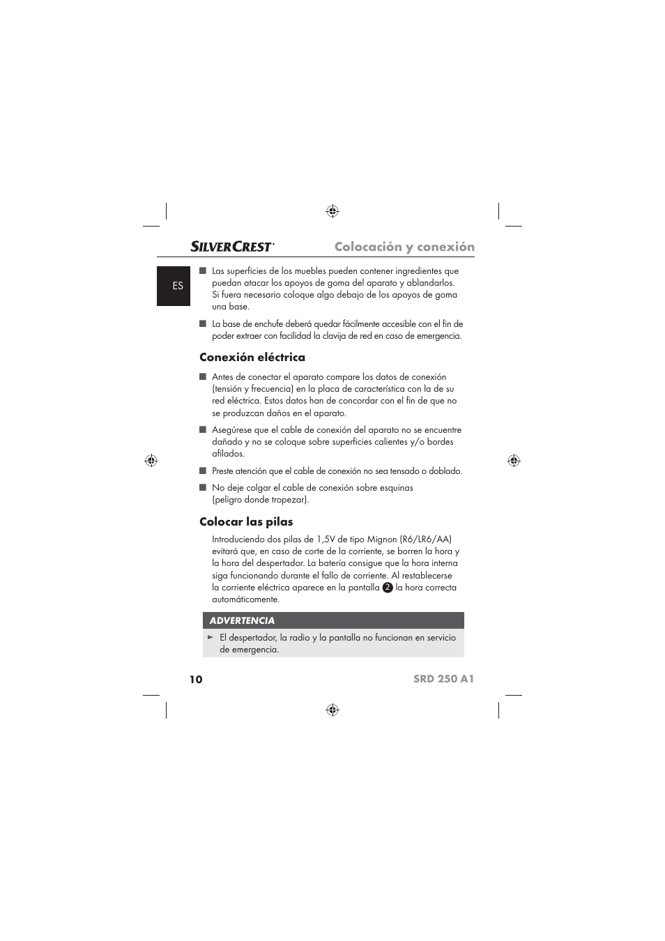 Colocación y conexión, Conexión eléctrica, Colocar las pilas | Silvercrest SRD 250 A1 User Manual | Page 12 / 102