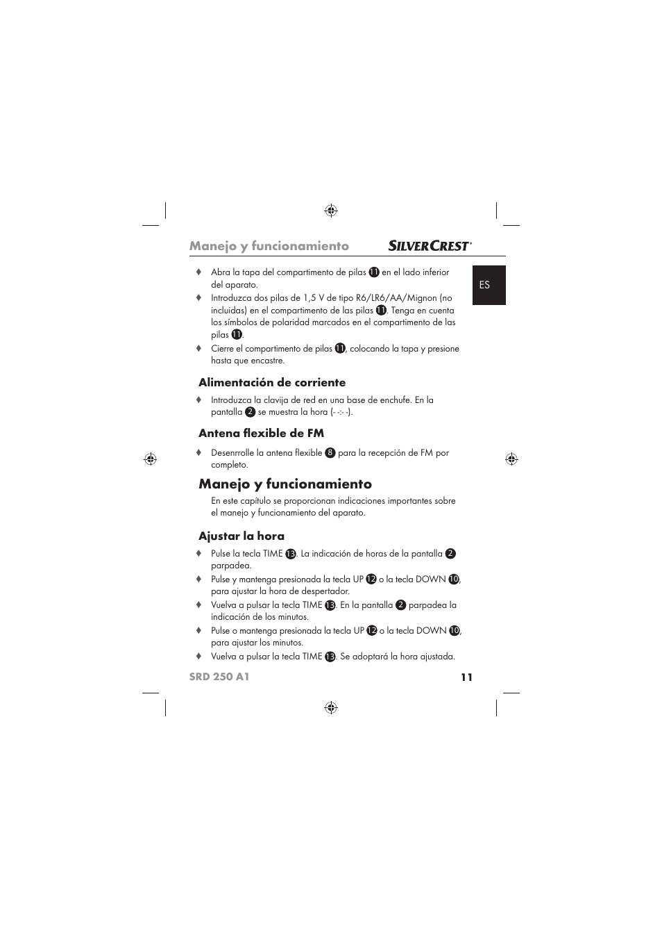 Manejo y funcionamiento, Alimentación de corriente, Antena ﬂ exible de fm | Ajustar la hora | Silvercrest SRD 250 A1 User Manual | Page 13 / 102