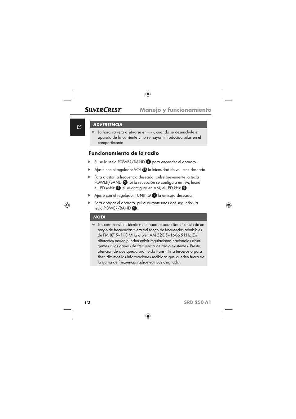 Manejo y funcionamiento, Funcionamiento de la radio | Silvercrest SRD 250 A1 User Manual | Page 14 / 102